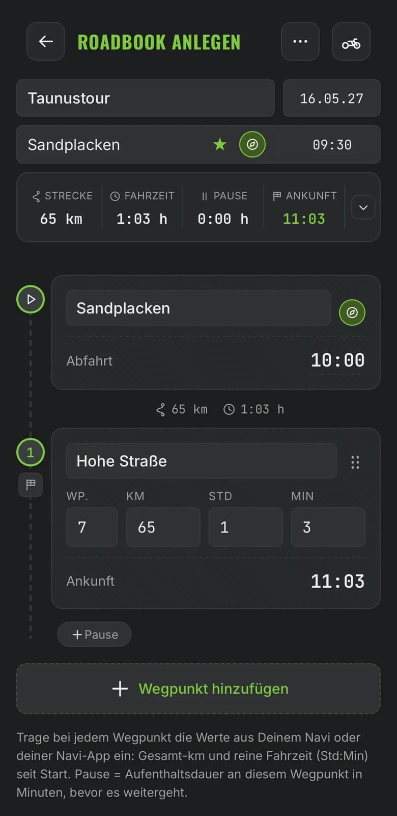 Erster Wegpunkt „Hohe Straße“ mit 65 km und 1:03 Stunden Fahrzeit, berechnete Ankunft 11:03 Uhr