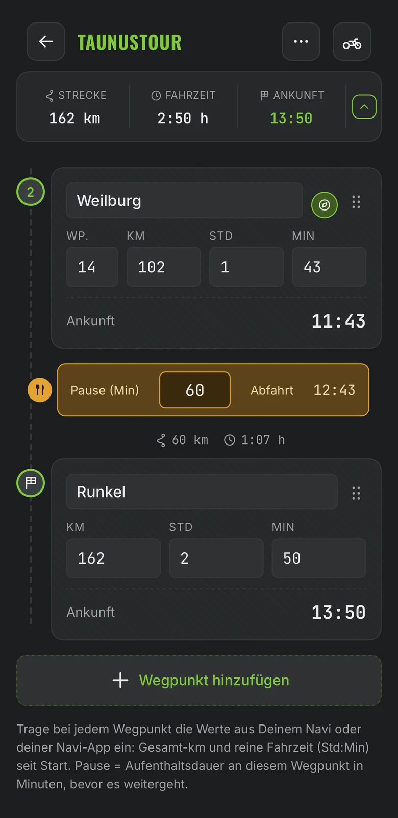 Fertiges Roadbook mit 162 km, Mittagspause in Weilburg und Ankunft im Ziel Runkel um 13:50 Uhr