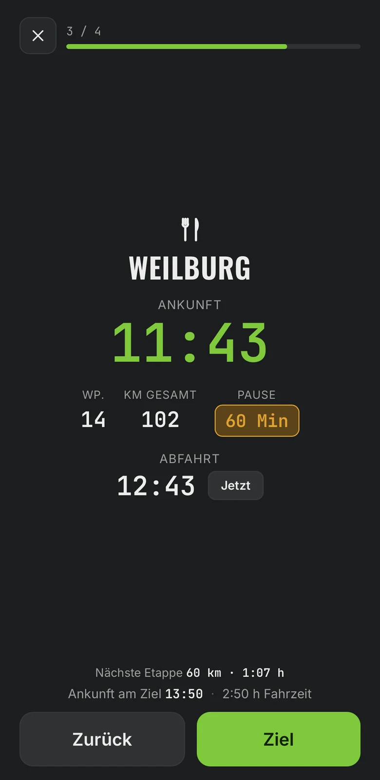 Tourmodus am Stopp Weilburg: große Ankunftszeit 11:43 Uhr, 60 Minuten Pause, Abfahrt 12:43 Uhr