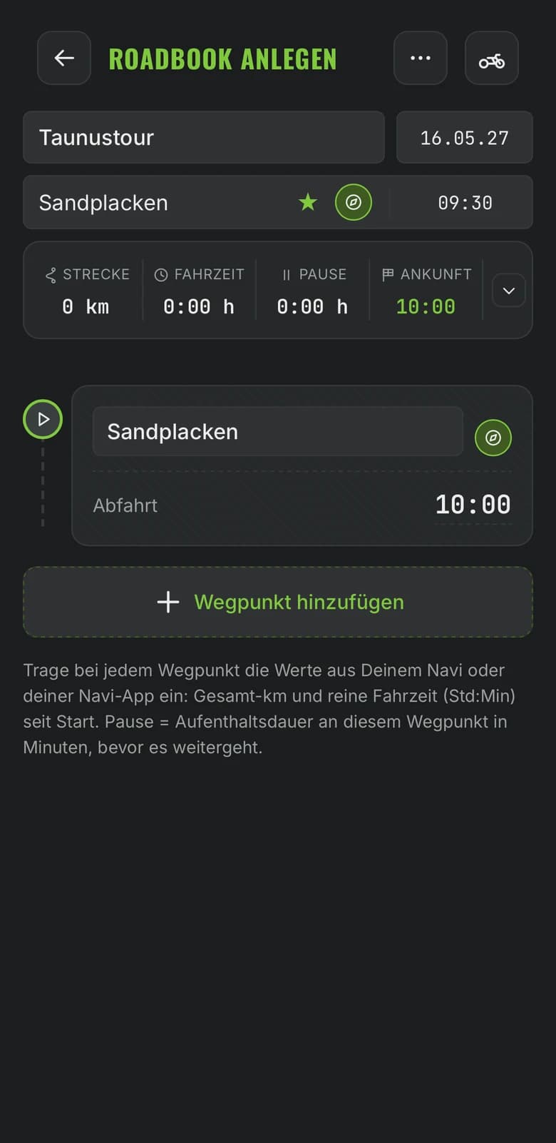 Planungsansicht einer neuen Tour „Taunustour“ mit Startpunkt Sandplacken und Abfahrt um 10:00 Uhr